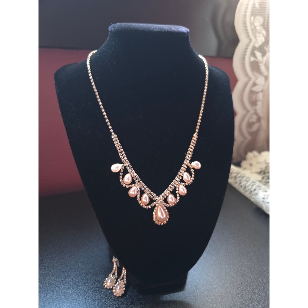 Rose Gold Faux Pearl Rhinestone Necklace Earrings Set Vintage Inspired Wedding
